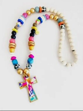 Audra Style Multicolor Beaded Cross Necklace - Bright Pink & Gold